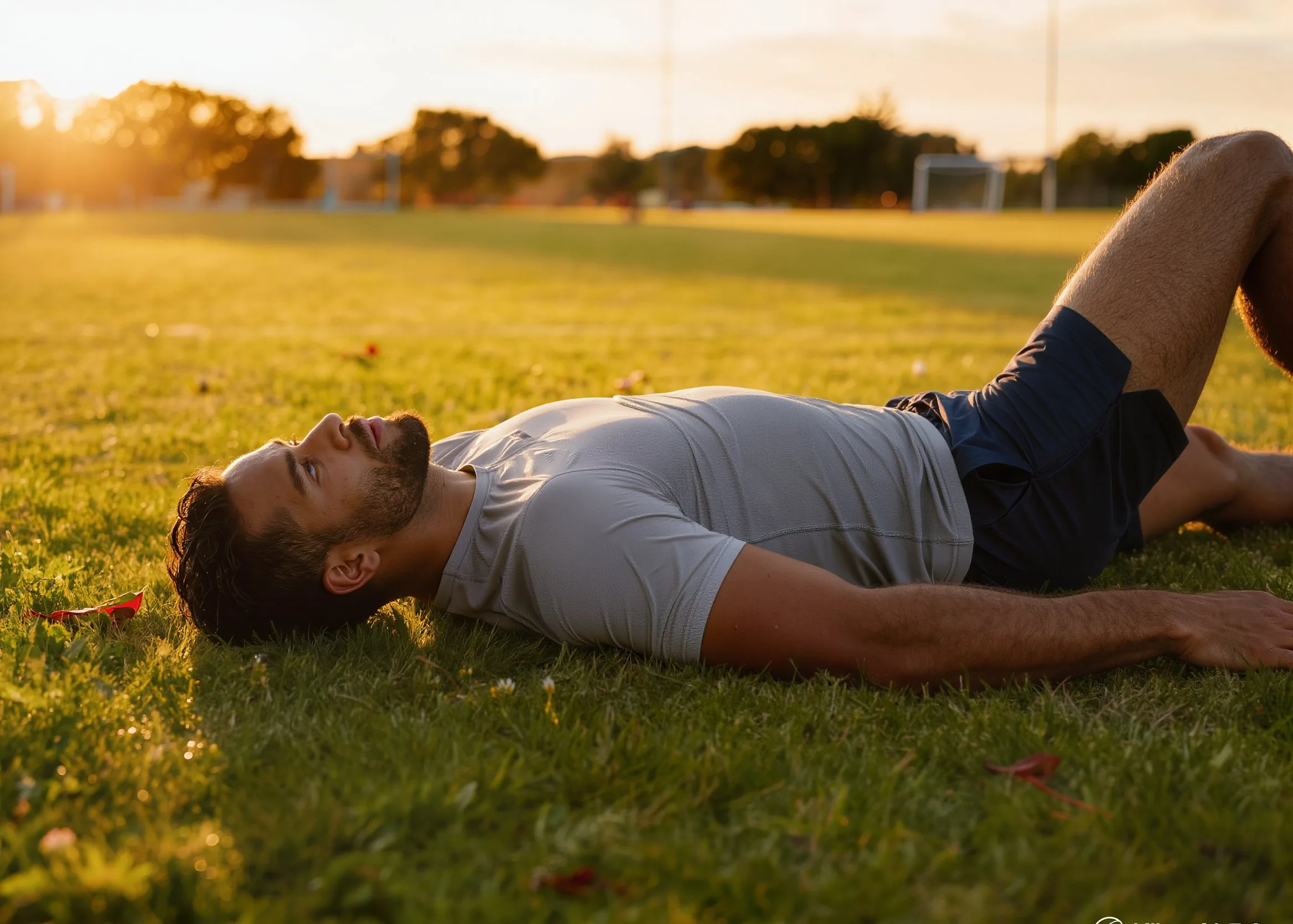 Athlète en récupération sur l'herbe