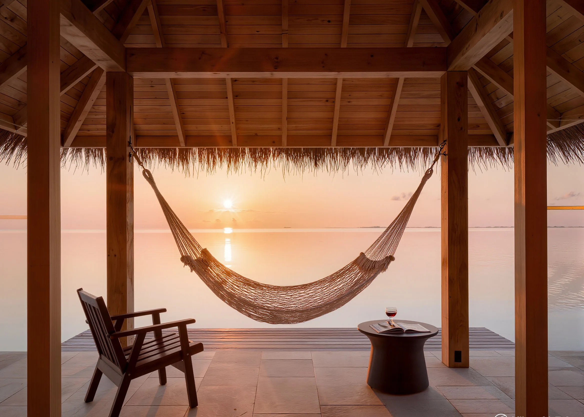 Terrasse bungalow polynésien au crépuscule