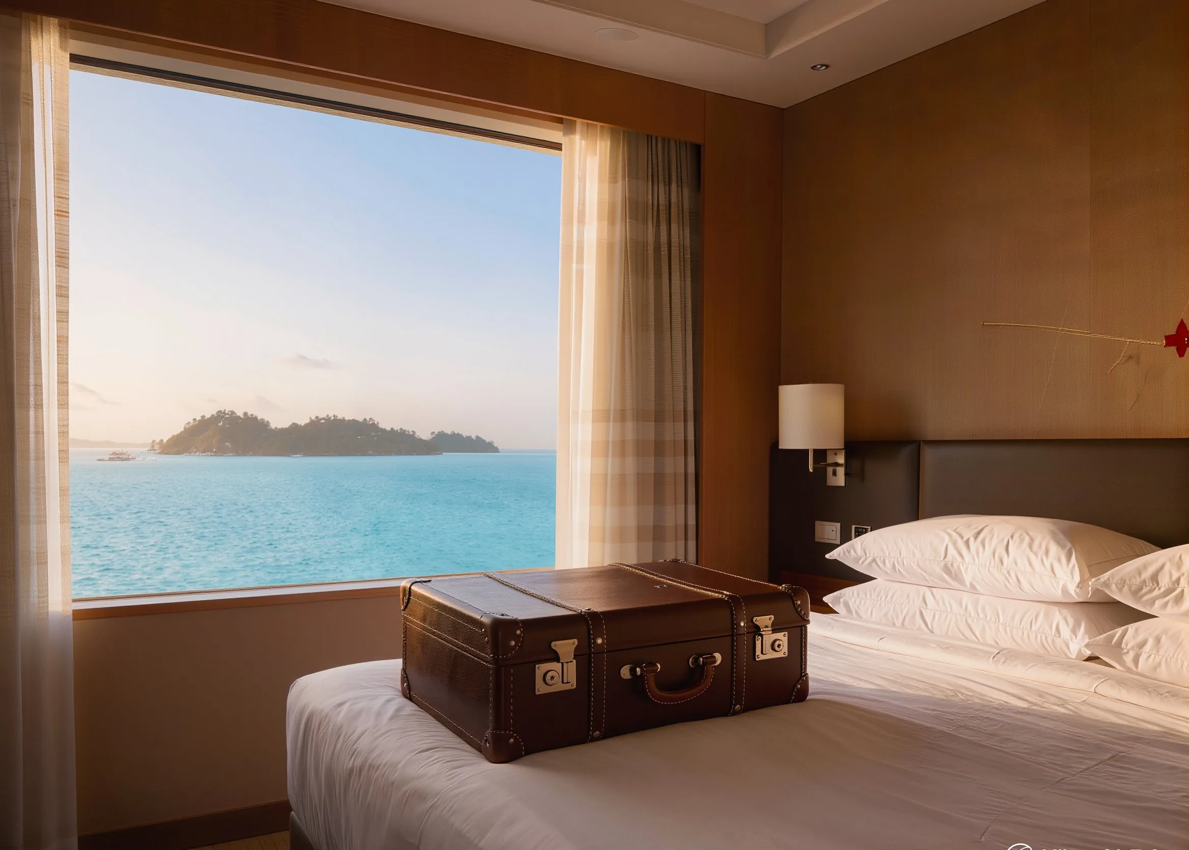 Valise sur lit hôtel vue sur lagon